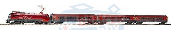 H0 - Start Set - Railjet ÖBB s 3 os. vozy, kolejivo s podložím, ovladač