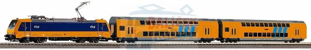 97939 PIKO - H0 - Start set obsahující elektrickou lokomotivu a 2 patrové vozy, kolejivo s podložím, 12 x oblouk. kolej, 6 x rovná kolej, trafo + napájení