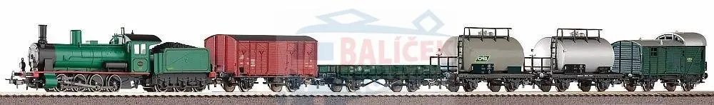 97942 PIKO - H0 - Start set s parní lokomotivou G 7 a 5 nákladními vozy, kolejivo s podložím, 12 x oblouk. kolej, 6 x rovná kolej, trafo + napájení