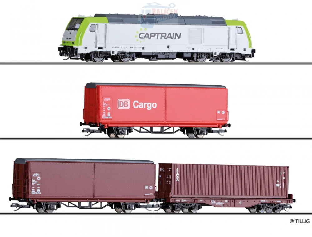 TT - Start Set - Lokomotiva TRAXX Captrain, vozy s odkl. střechou a kontejner. DB AG