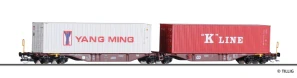 TT - dvojitý kontejnerový vůz Sggmrss 578.0, ČD 2x 40‘ kont. K-Line + YANG MING