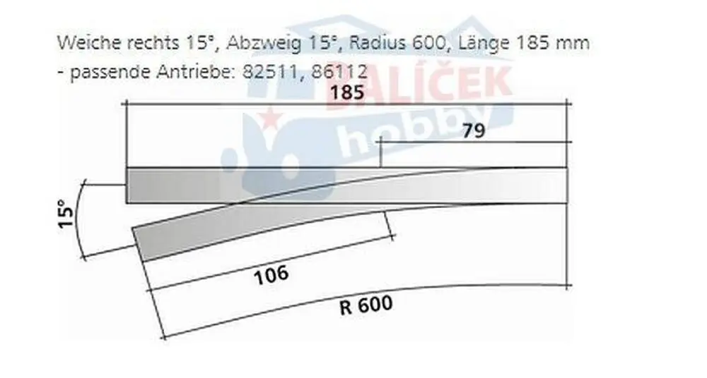 82321 Tillig H0 Bahn - EW 15° - výhybka 15° pravá