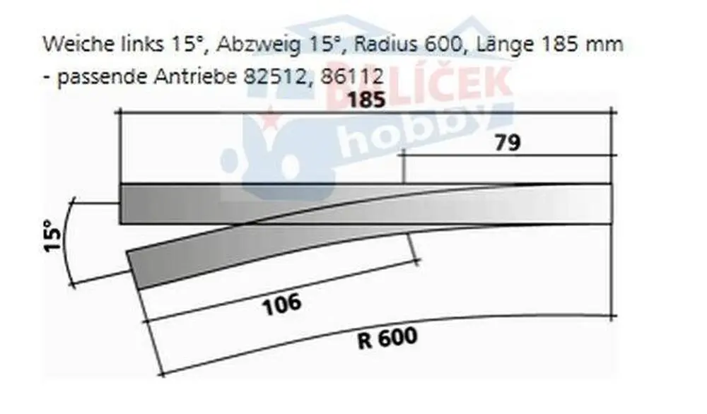 82322 Tillig H0 Bahn - EW 15° - výhybka 15° levá