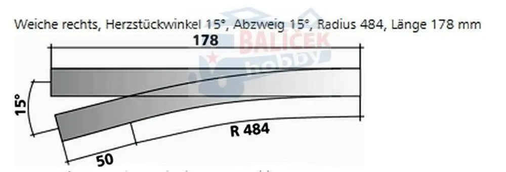 85323 Tillig H0 Bahn - EW2 - výhybka pravá, úhel srdcovky 15°