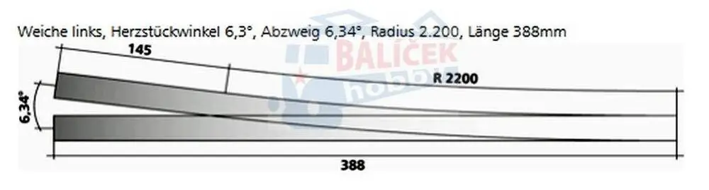 85347 Tillig H0 Bahn - EW6 - výhybka levá, úhel srdcovky 6,34°