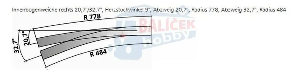 85313 Tillig H0 Bahn - IBW pravá 20,7° / 32,7° - oblouková výhybka pravá, úhel srdcovky 9°