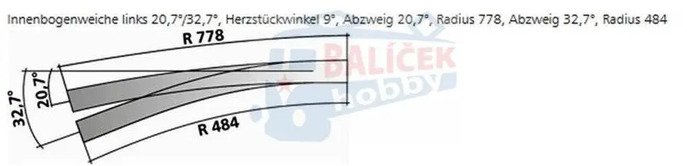 85313 Tillig H0 Bahn - IBW pravá 20,7° / 32,7° - oblouková výhybka pravá, úhel srdcovky 9°