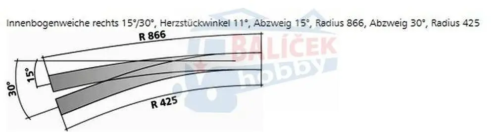 85363 Tillig H0 Bahn - IBW pravá 15° / 30° - oblouková výhybka pravá, úhel srdcovky 11°, inovovaná verze