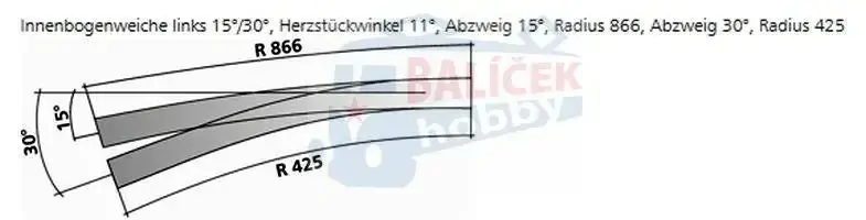 85364 Tillig H0 Bahn - IBW levá 15° / 30° - oblouková výhybka levá, úhel srdcovky 11°
