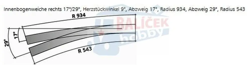 85373 Tillig H0 Bahn - IBW pravá 17° / 29° - oblouková výhybka pravá, úhel srdcovky 9°
