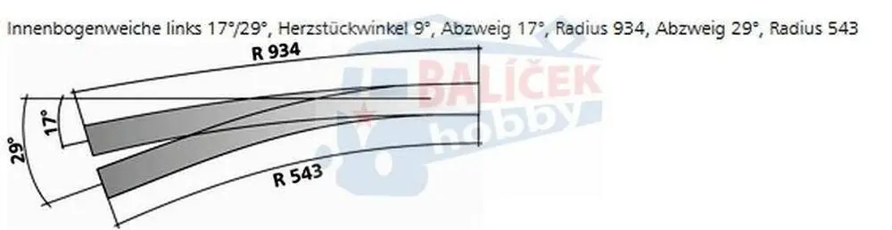 85374 Tillig H0 Bahn - IBW levá 17° / 29° - oblouková výhybka levá, úhel srdcovky 9°, inovovaná verze