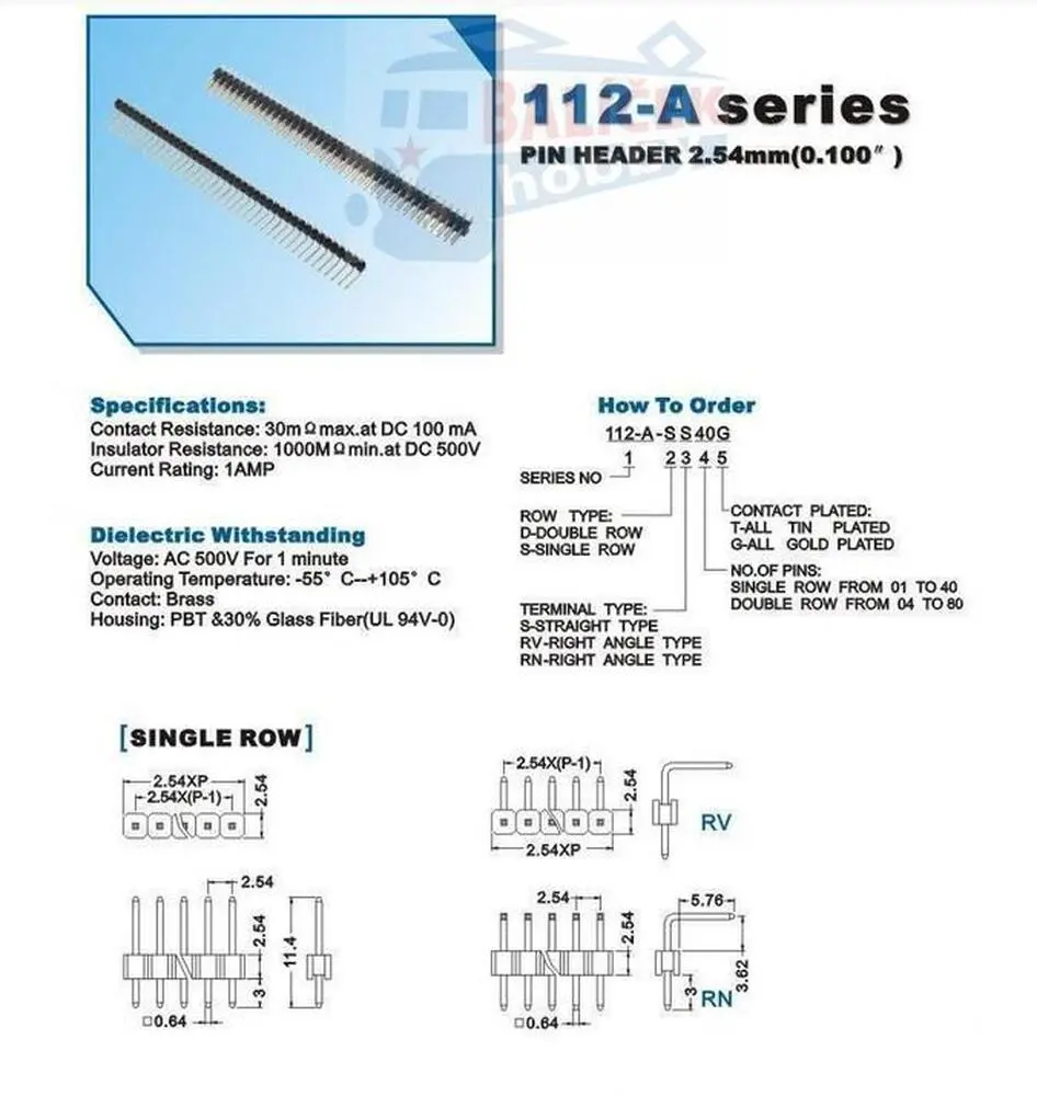 Oboustranný kolík S1G40 2,54mm
