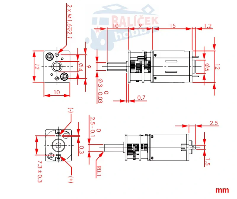 Motor s převodovkou 12V/1000Rpm - délka osy 10mm